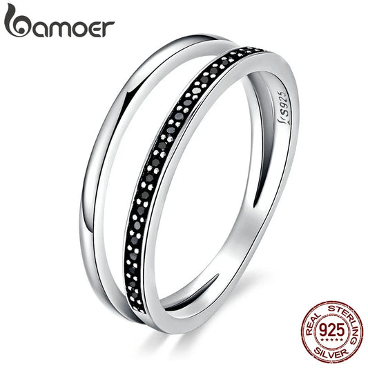 Sterling Silver Double Circle Black Clear CZ Stackable Finger Ring for Women Fine Silver Jewellery Gift