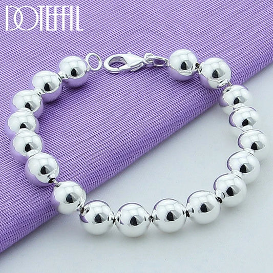 DOTEFFIL 925 Sterling Silver 18K Gold 8mm/10mm Hollow Circle Ball Beads Silver Beaded 20cm Bracelet Woman Charm Fashion Jewellery