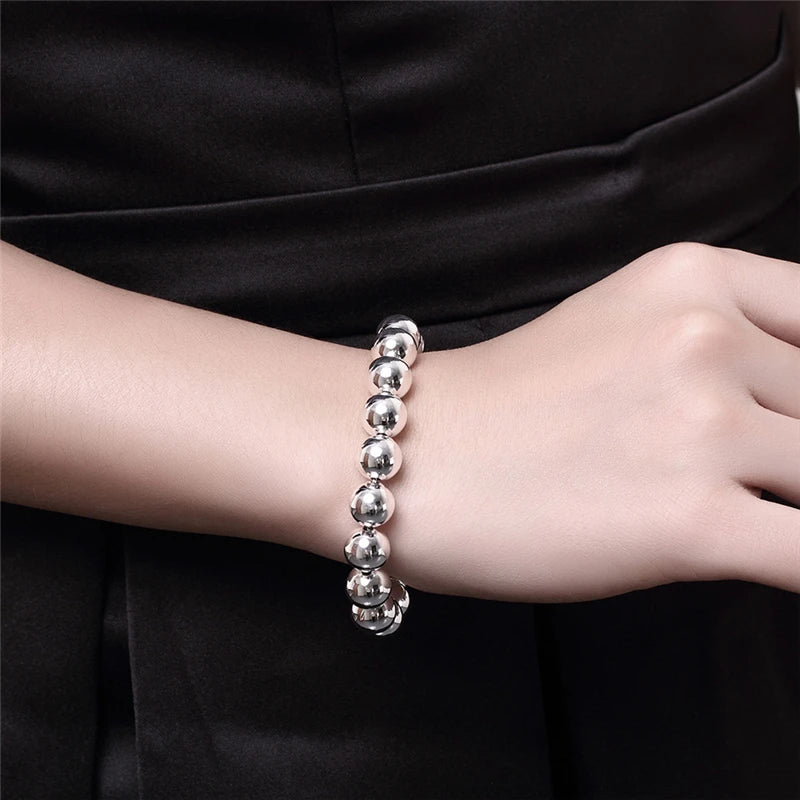 DOTEFFIL 925 Sterling Silver 18K Gold 8mm/10mm Hollow Circle Ball Beads Silver Beaded 20cm Bracelet Woman Charm Fashion Jewellery