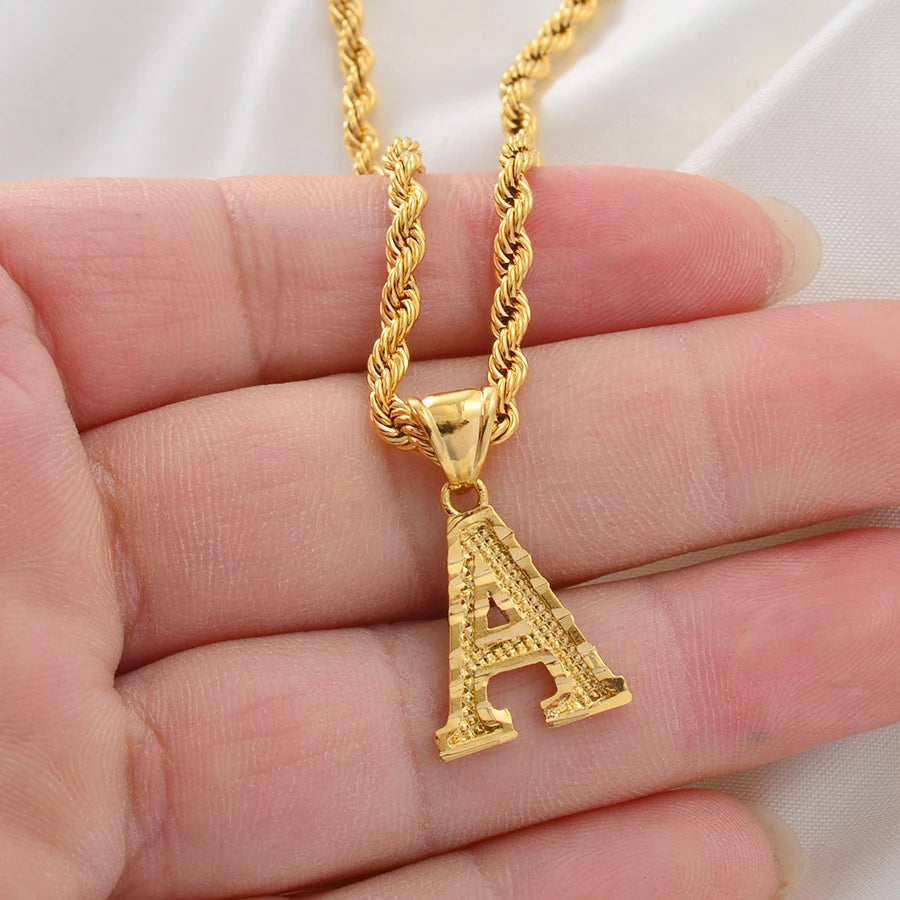 A-Z Letters Necklace for Women and Men – Gold Plated Initial Pendant with Rope Chain, Alphabet Jewellery