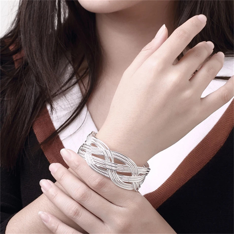 Sterling Silver Interwoven Web Bangle Ring Set For Woman Wedding Engagement Party Fashion Charm Jewellery