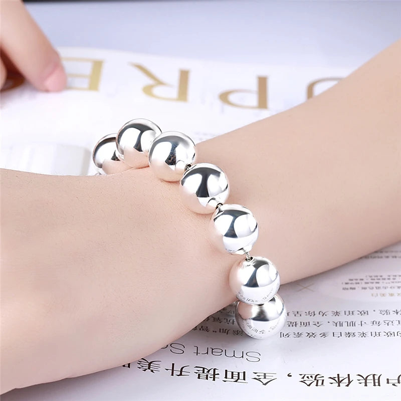 DOTEFFIL 925 Sterling Silver 18K Gold 8mm/10mm Hollow Circle Ball Beads Silver Beaded 20cm Bracelet Woman Charm Fashion Jewellery