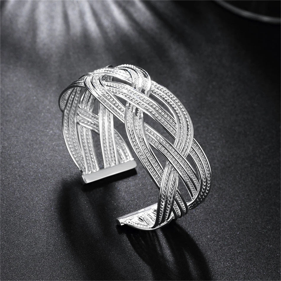 Sterling Silver Interwoven Web Bangle Ring Set For Woman Wedding Engagement Party Fashion Charm Jewellery