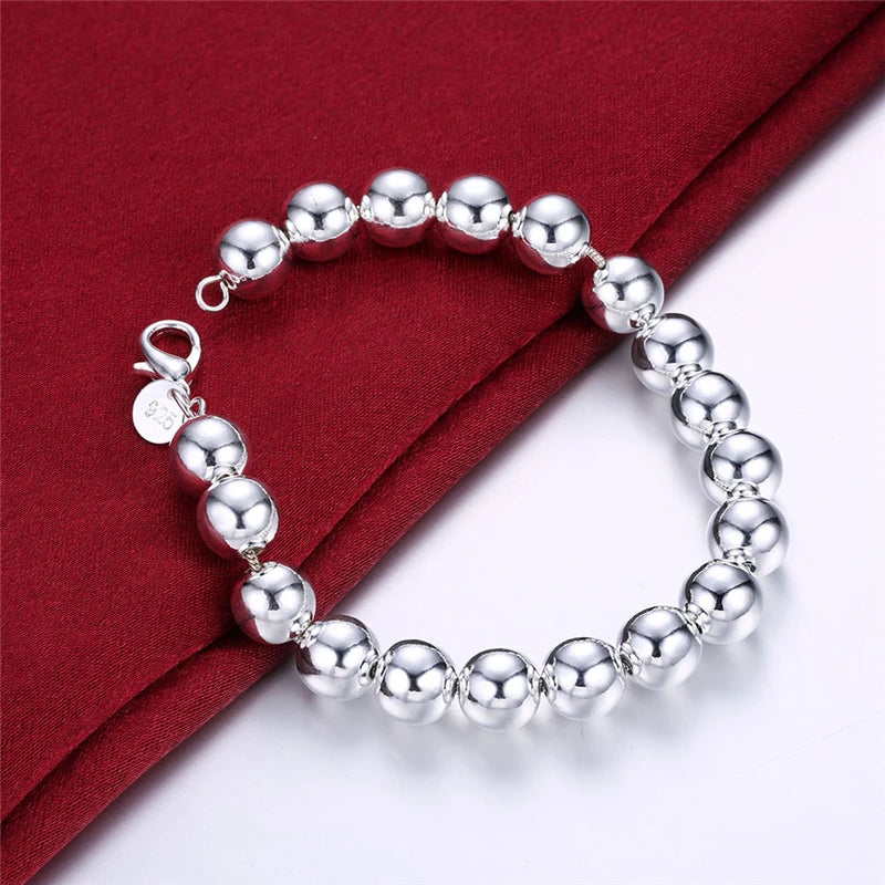 DOTEFFIL 925 Sterling Silver 18K Gold 8mm/10mm Hollow Circle Ball Beads Silver Beaded 20cm Bracelet Woman Charm Fashion Jewellery