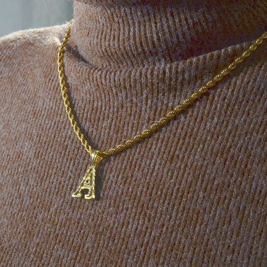 A-Z Letters Necklace for Women and Men – Gold Plated Initial Pendant with Rope Chain, Alphabet Jewellery