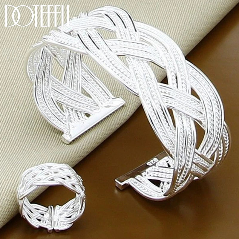 Sterling Silver Interwoven Web Bangle Ring Set For Woman Wedding Engagement Party Fashion Charm Jewellery