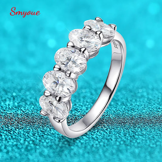 Smyoue 4*6mm Oval Cut Full Moissanite Ring for Women 5 Stone Lab Diamond Half Eternity Band Luxury Jewelry 925 Sterling Silver