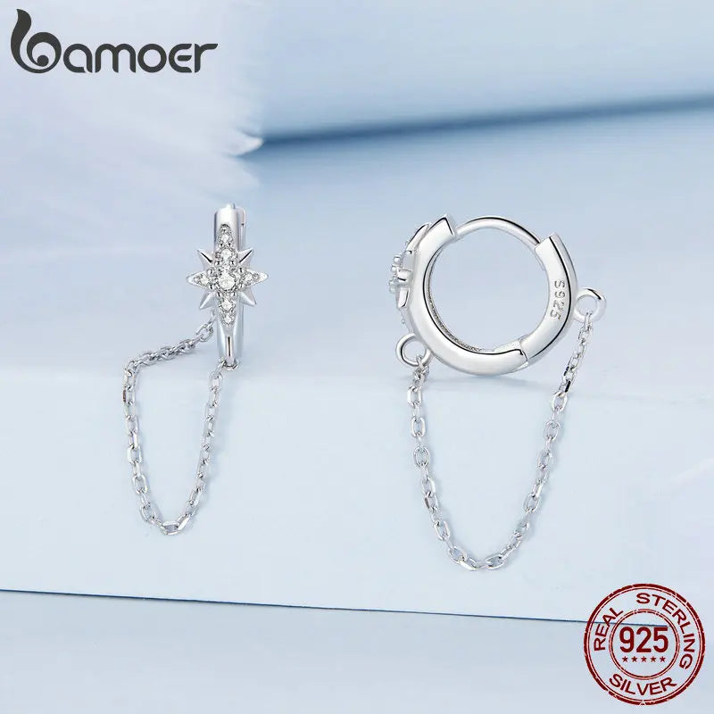 Bamoer 925 Sterling Silver Star Hoop Earrings Long Tassel Ear Buckles Pave Setting CZ for Women Fine Jewerly BSE699