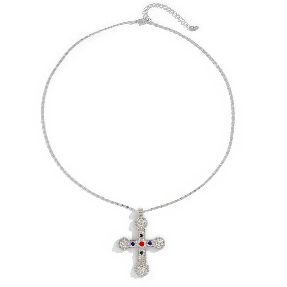 Zircon Cross Pendant Necklace for Women  Fashion Imitation Pearl Flower Beaded Choker Necklace