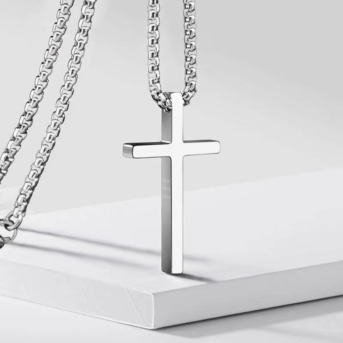 Cross Necklace for Men and Women – Silver Colour Plain Cross Pendant with Stainless Steel Box Chain