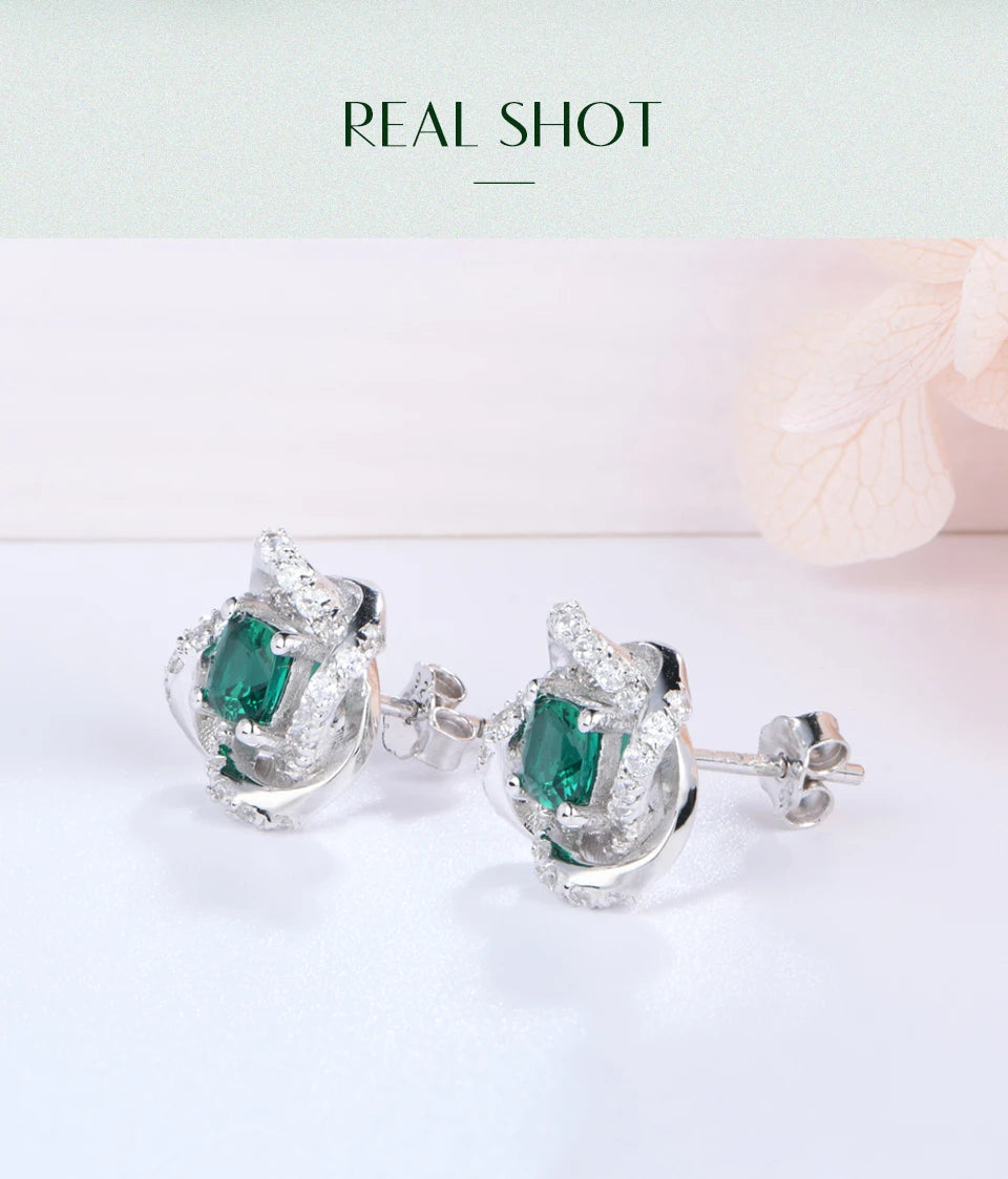 Sterling Silver Lab-Grown Emerald Gemstone Jewellery Set for Women – Stud Earrings & Pendant Necklace, Vintage Lady Gifts