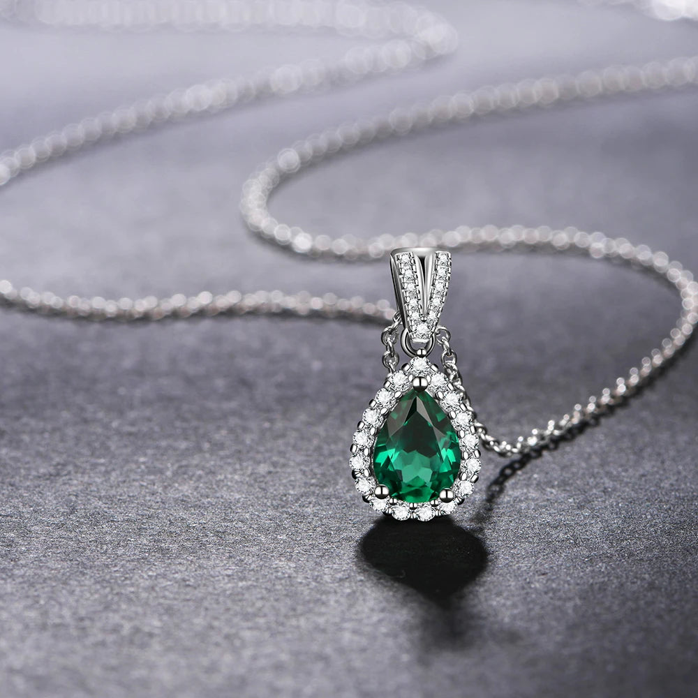 Pear Emerald Gemstone Jewellery Set for Women – S925 Sterling Silver Necklace & Stud Earrings, Elegant Wedding Gift