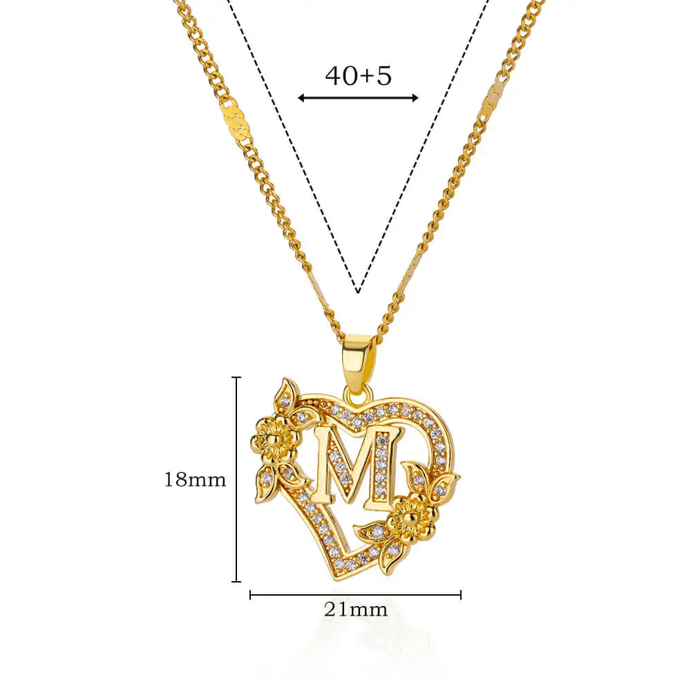 Flower Heart Initials Necklace for Women – Stainless Steel Gold-Coloured Letter Chain Collar Necklace