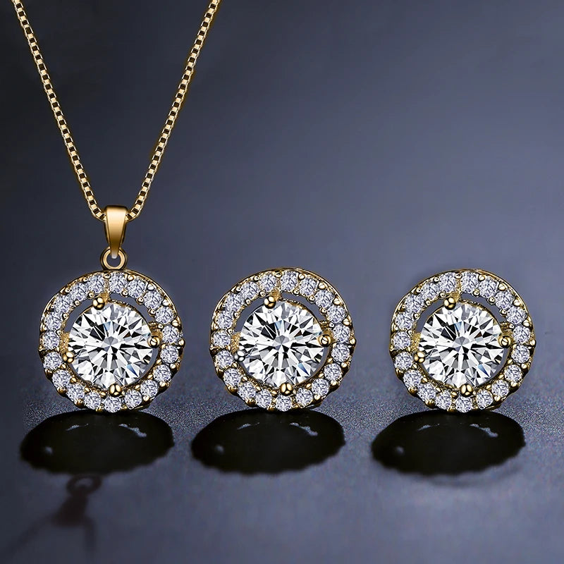 Geometric Round Zircon Pendant Necklace for Women – Clear AAA Zirconia Crystal Charm Chain Jewellery Set