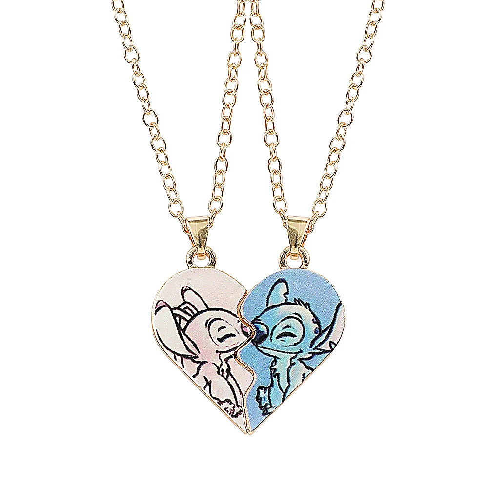 Disney Stitch Heart Necklace for Couples – Gold & Silver Colour, Angel & Stitch Design, Cute Pendant Jewellery