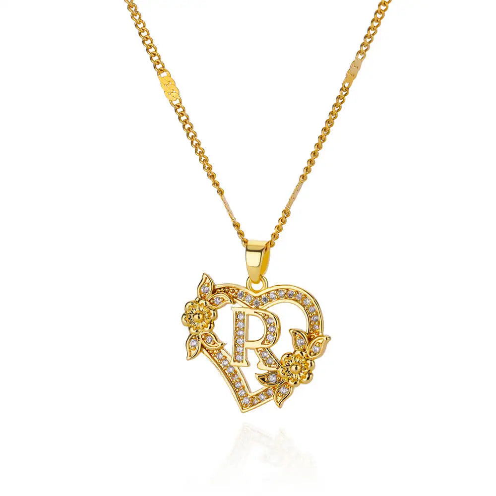 Flower Heart Initials Necklace for Women – Stainless Steel Gold-Coloured Letter Chain Collar Necklace