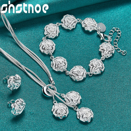 925 Sterling Silver 3pcs/lot Jewelry Set Rose Flower Pendant Chain Necklace Bracelet Earring Series For Woman Girl Wedding Party