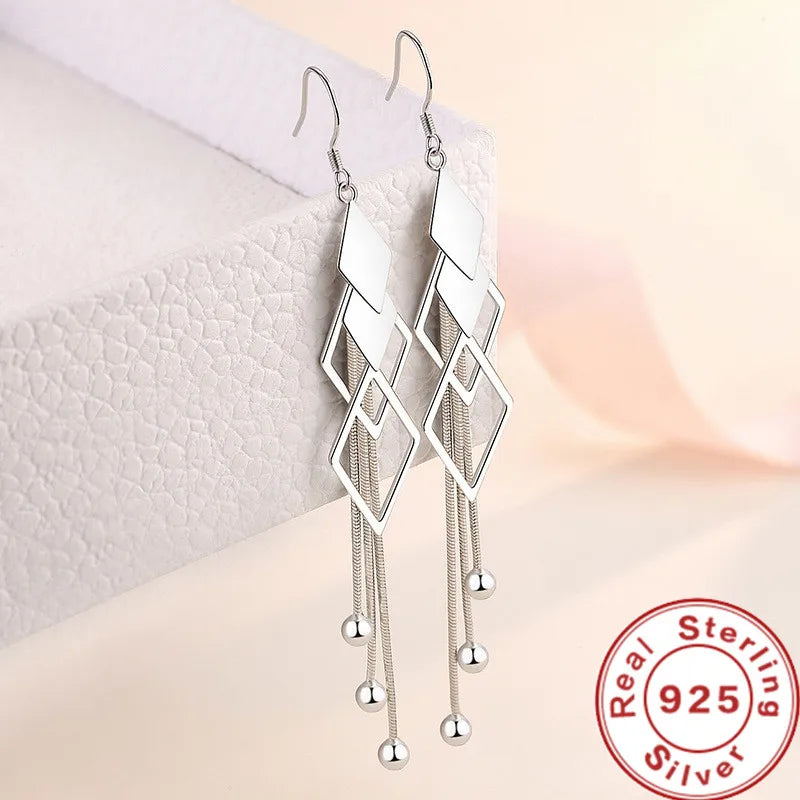 Sterling Silver Long Earrings Diamond-Shaped Geometric Earrings For Women's Wedding Charm Jewellery Gifts