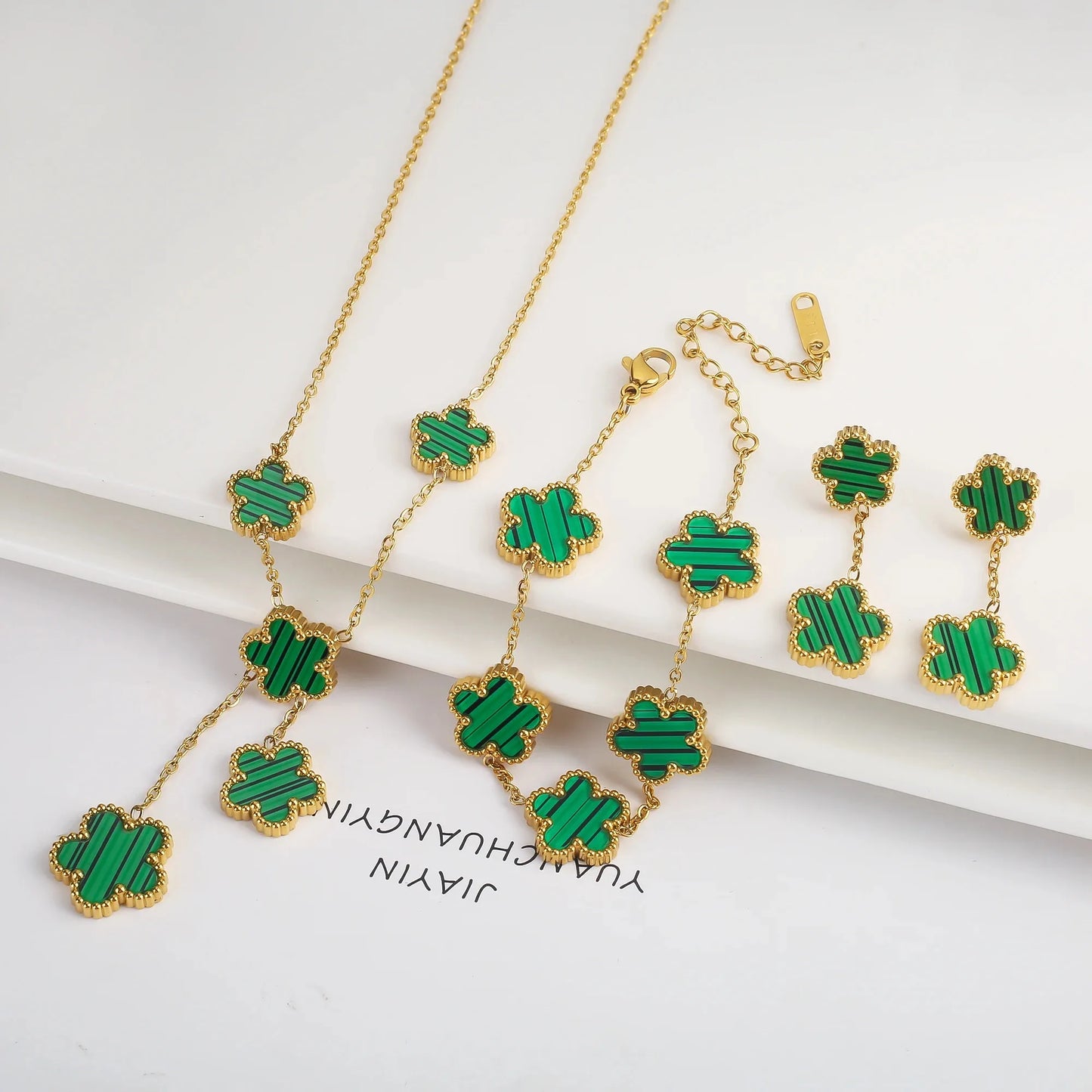 Luxurious Five-Leaf Clover Jewelry Set – Stainless Steel Bracelet, Necklace, and Earrings, High-Quality Design