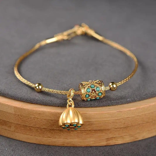 Ancient gold craftsmanship inlaid turquoise lotus with adjustable bracelet temperament retro palace ancient ladies jewelry