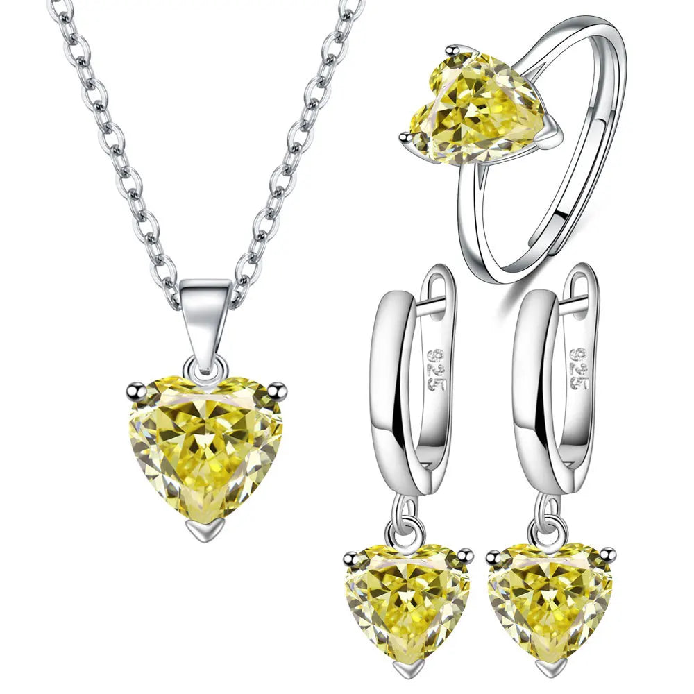 Heart Zircon 925 Silver Jewelry Sets Elegant Women's Ring Earrings Necklace Wedding Bridal Engagement Accessories