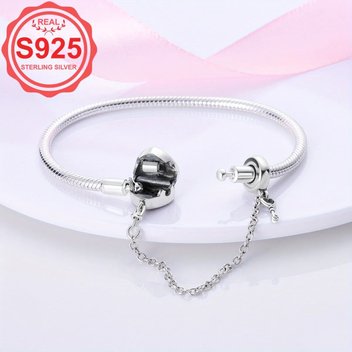 Sterling Silver Heart Key & Lock Bracelet with Zircon Accents – Elegant Women's Jewellery