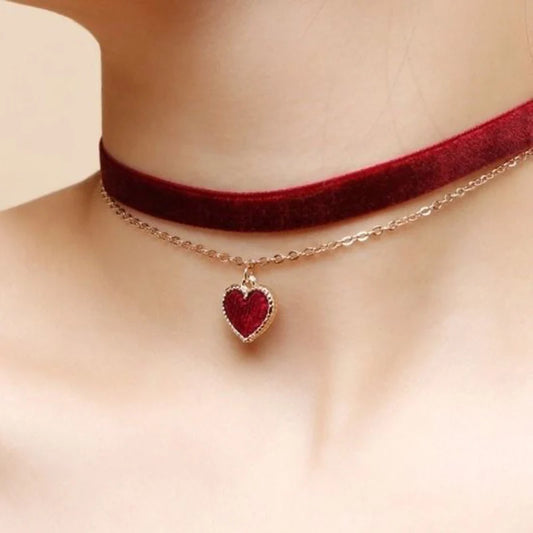 Classic Gothic Tattoo Red Velvet Choker Necklace – Red Heart Pendant for Women, Fashion Jewellery