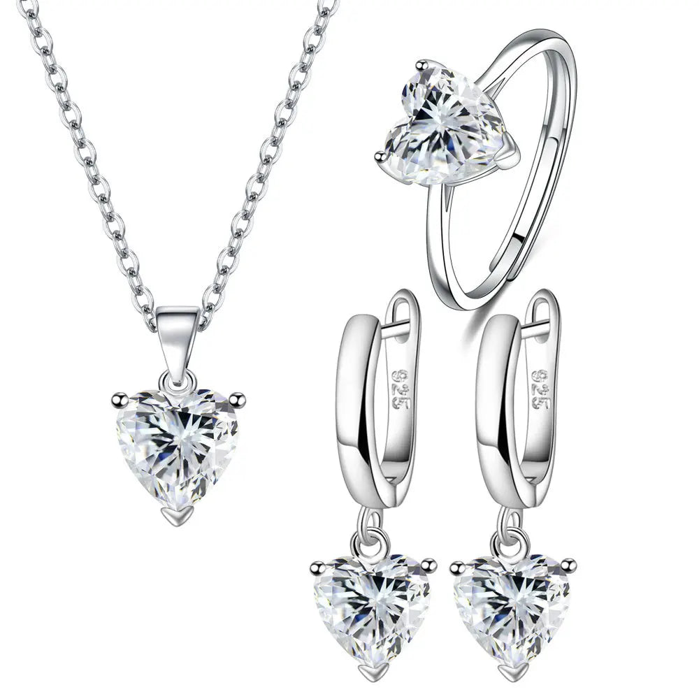 Heart Zircon 925 Silver Jewelry Sets Elegant Women's Ring Earrings Necklace Wedding Bridal Engagement Accessories