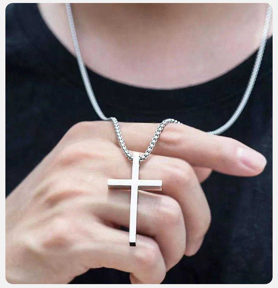 Cross Necklace for Men and Women – Silver Colour Plain Cross Pendant with Stainless Steel Box Chain