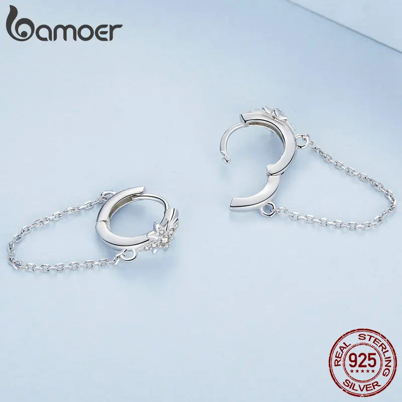 Bamoer 925 Sterling Silver Star Hoop Earrings Long Tassel Ear Buckles Pave Setting CZ for Women Fine Jewerly BSE699