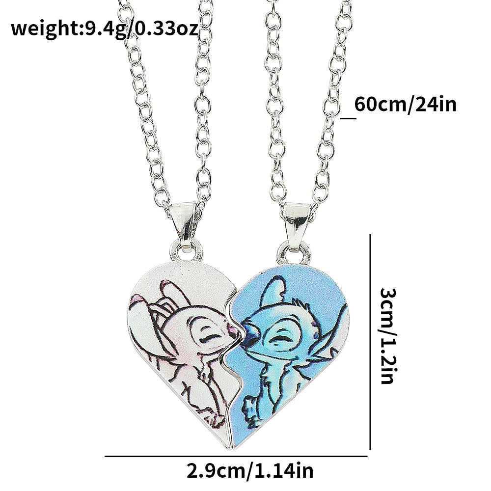 Disney Stitch Heart Necklace for Couples – Gold & Silver Colour, Angel & Stitch Design, Cute Pendant Jewellery