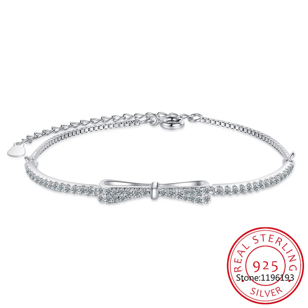 Moissanite Tennis Bracelet – Original S925 Sterling Silver Lab Diamond Bowknot Adjustable Bracelet for Women and Men