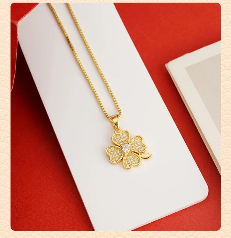 Real 14k Gold Color Clover Pendant with Zircon Box Necklace Chain for Women Luxury Jewelry Clavicle Chain Fine Jewelry Gifts