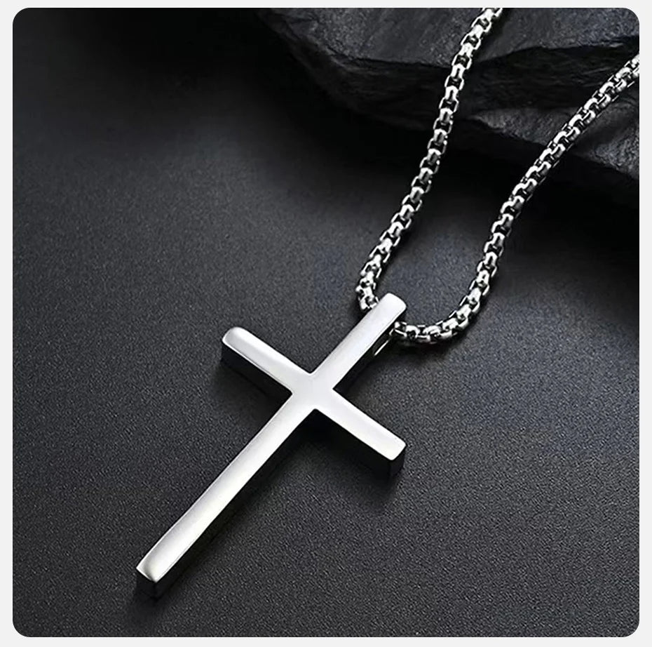 Cross Necklace for Men and Women – Silver Colour Plain Cross Pendant with Stainless Steel Box Chain