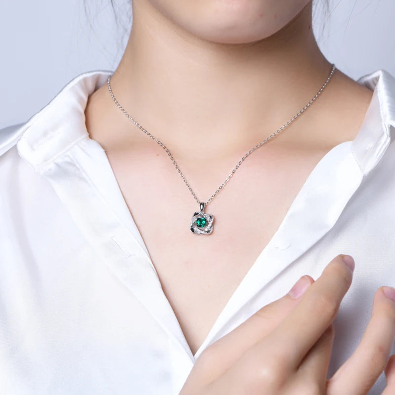 Sterling Silver Lab-Grown Emerald Gemstone Jewellery Set for Women – Stud Earrings & Pendant Necklace, Vintage Lady Gifts