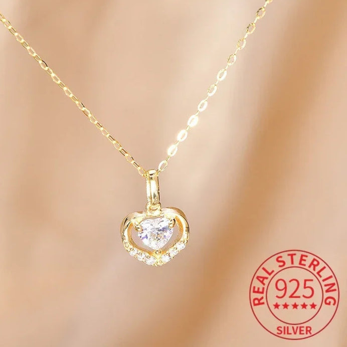 925 Sterling Silver Zircon Heart 18K Gold Chain Choker Necklace