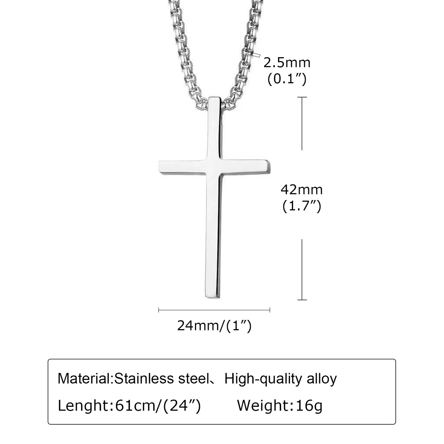 Cross Necklace for Men and Women – Silver Colour Plain Cross Pendant with Stainless Steel Box Chain