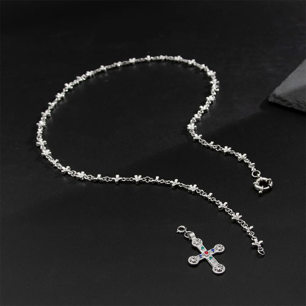 Zircon Cross Pendant Necklace for Women  Fashion Imitation Pearl Flower Beaded Choker Necklace