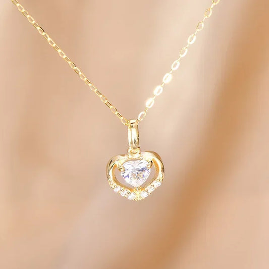 925 Sterling Silver Zircon Heart 18K Gold Chain Choker Necklace