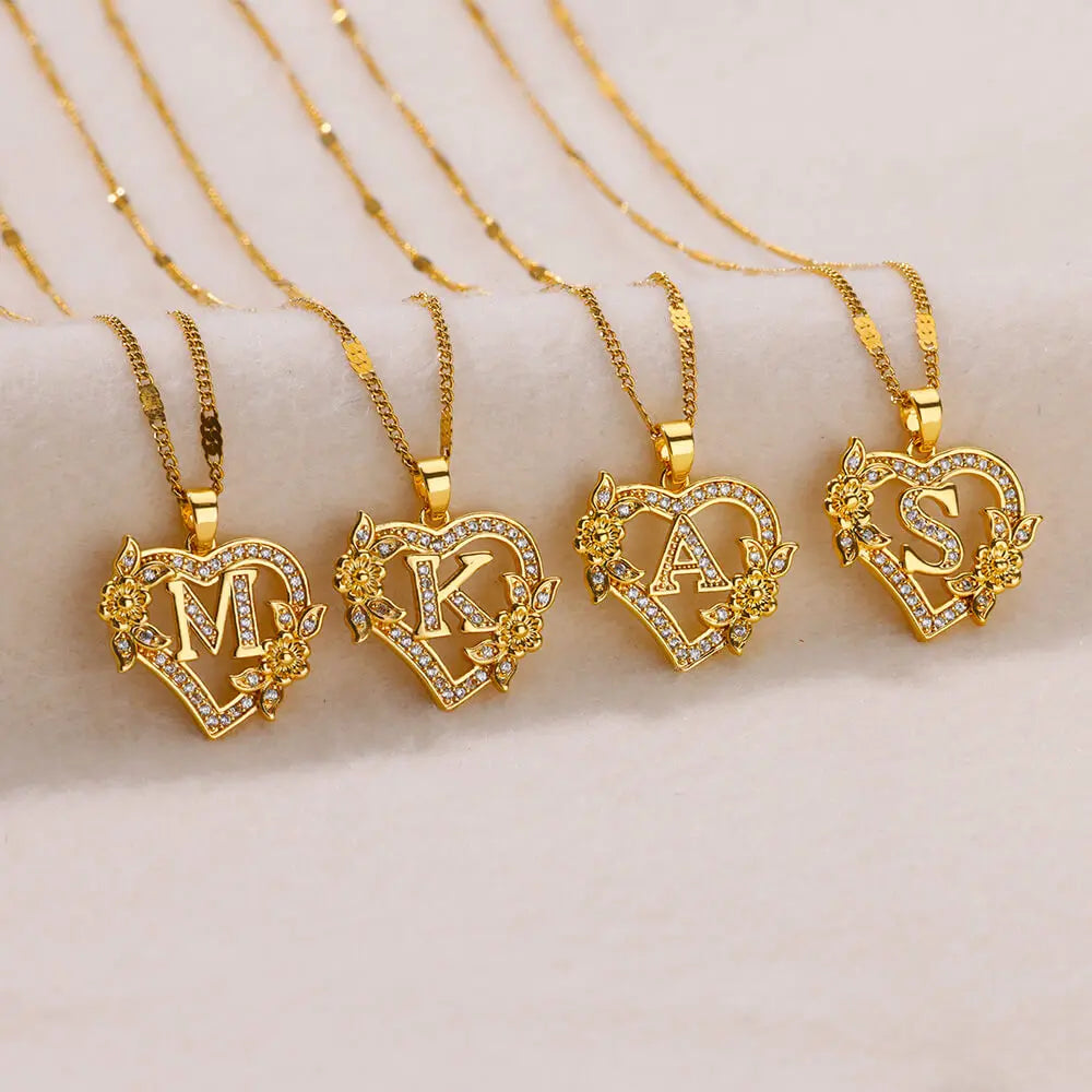 Flower Heart Initials Necklace for Women – Stainless Steel Gold-Coloured Letter Chain Collar Necklace