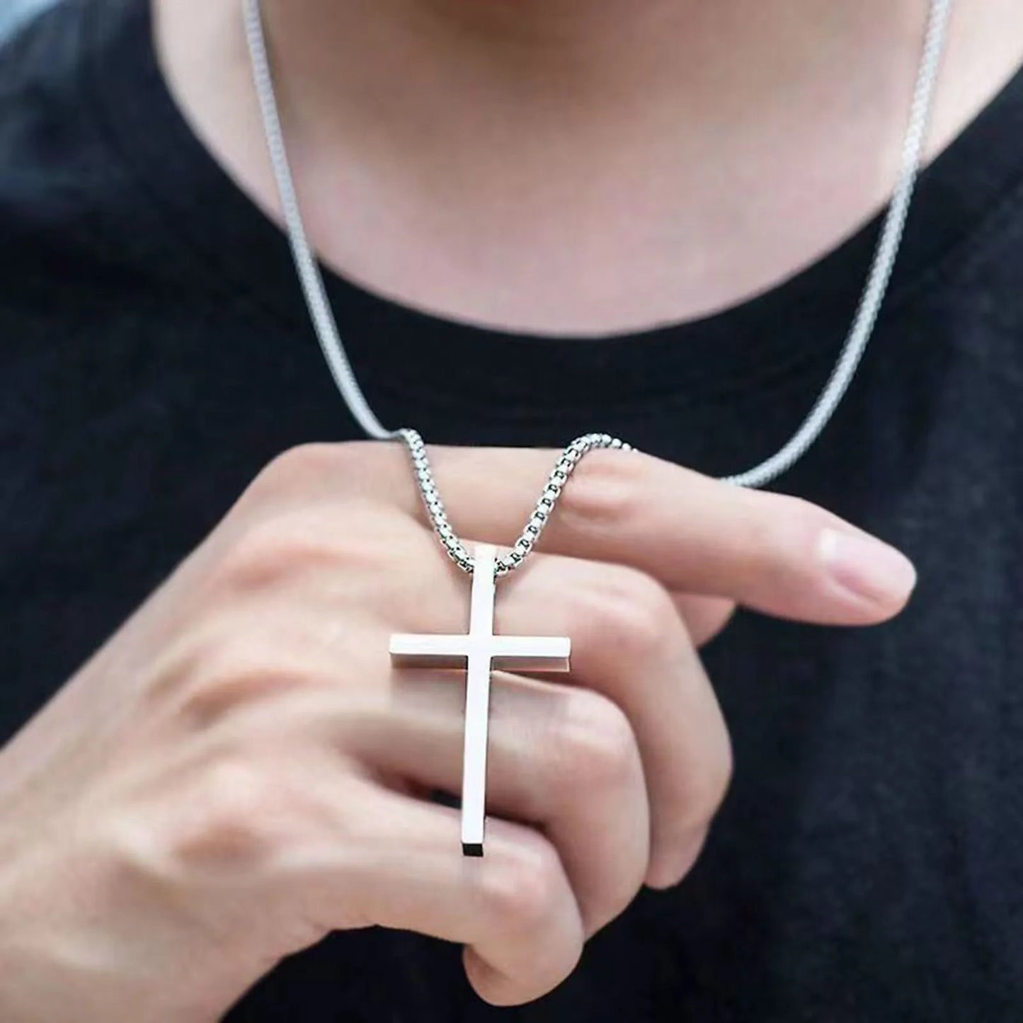 Cross Necklace for Men and Women – Silver Colour Plain Cross Pendant with Stainless Steel Box Chain