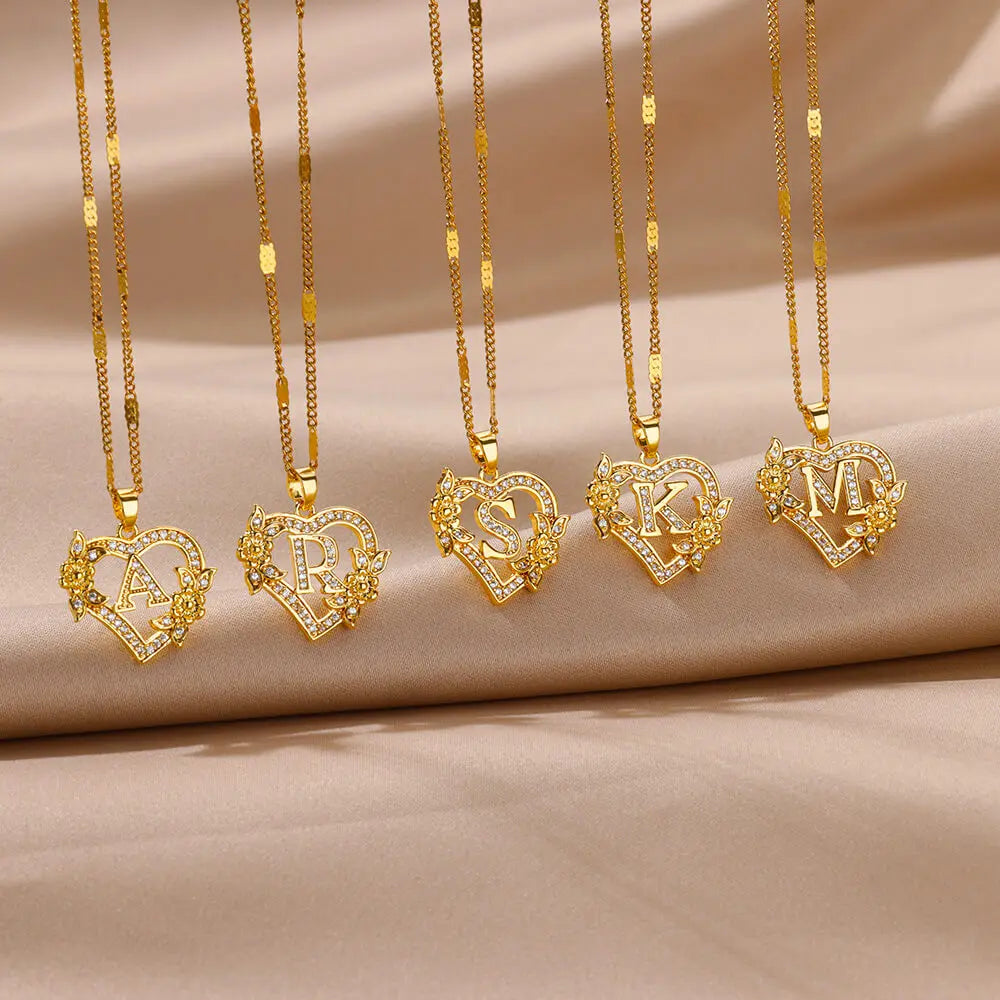 Flower Heart Initials Necklace for Women – Stainless Steel Gold-Coloured Letter Chain Collar Necklace