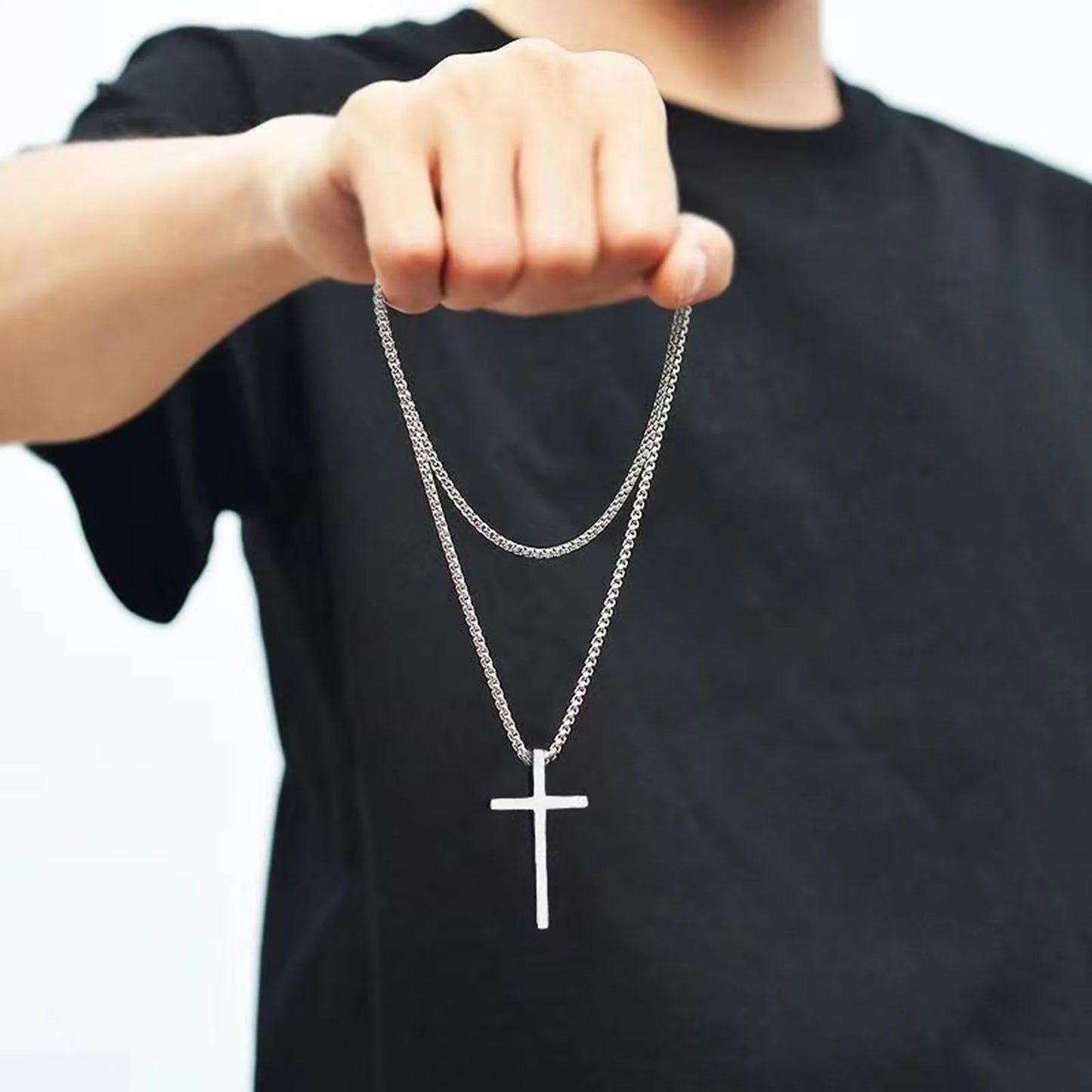 Cross Necklace for Men and Women – Silver Colour Plain Cross Pendant with Stainless Steel Box Chain