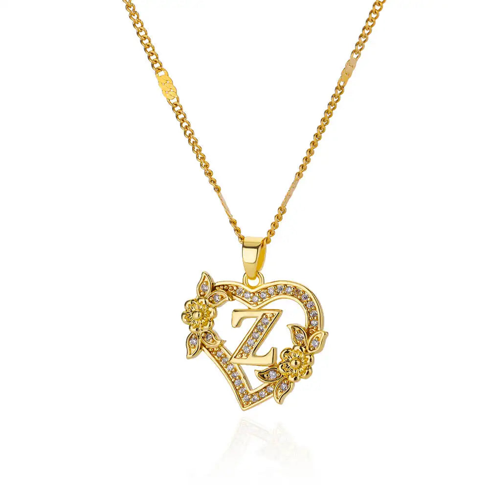 Flower Heart Initials Necklace for Women – Stainless Steel Gold-Coloured Letter Chain Collar Necklace