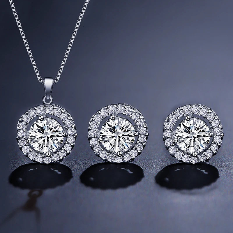 Geometric Round Zircon Pendant Necklace for Women – Clear AAA Zirconia Crystal Charm Chain Jewellery Set