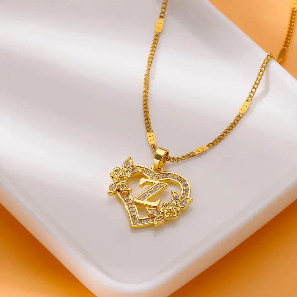 Flower Heart Initials Necklace for Women – Stainless Steel Gold-Coloured Letter Chain Collar Necklace