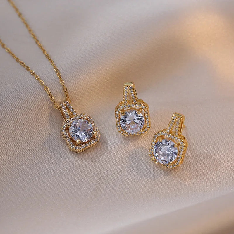 Fashion Square Zircon Necklace, Earrings, and Ring Set – Luxury Wedding Engagement Jewelry Set