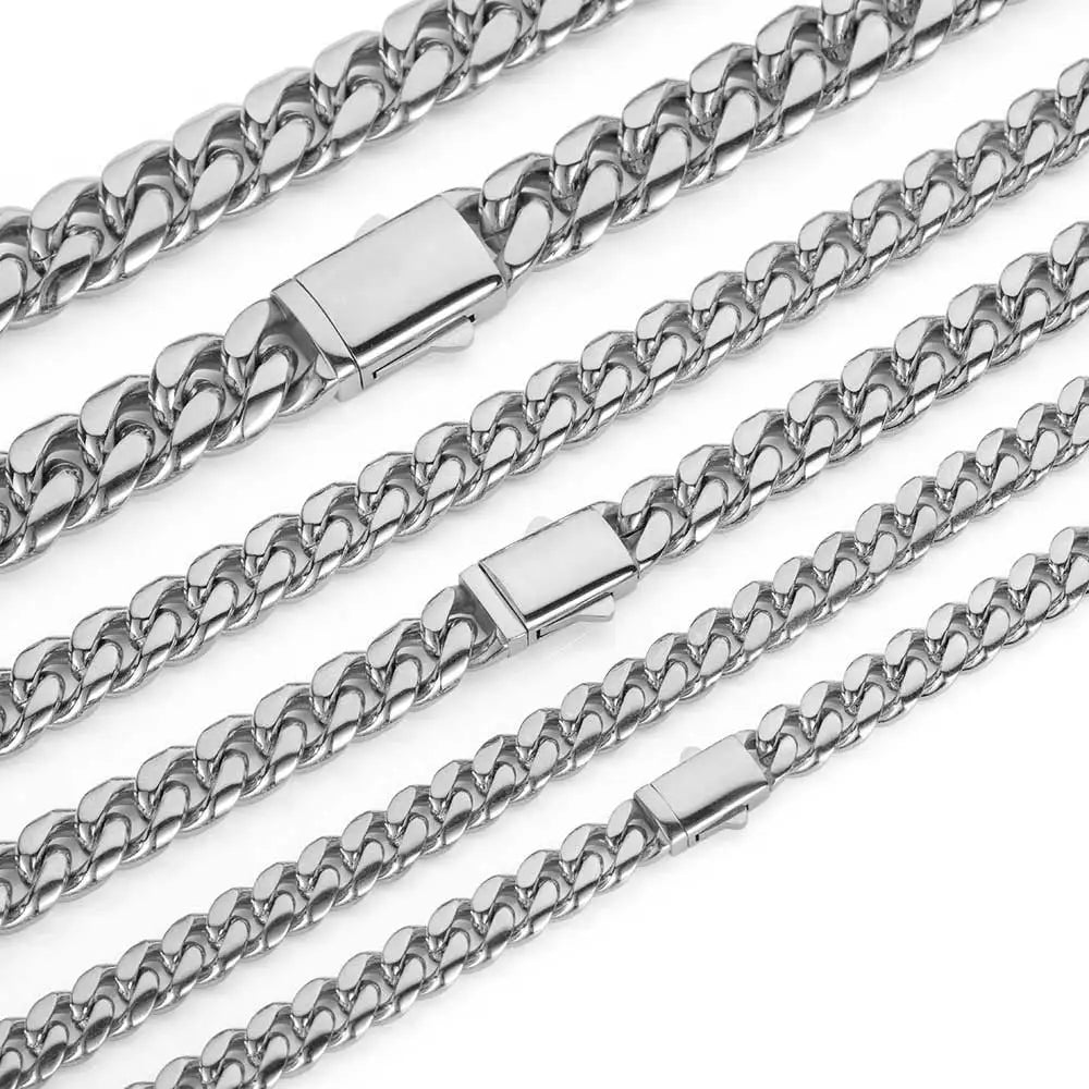 Stainless Steel Waterproof Cuban Link Chain Necklace – Unisex, Available in Silver and Gold, 8-14mm Widths