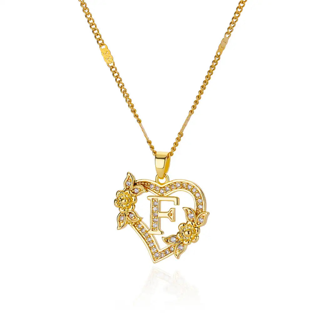 Flower Heart Initials Necklace for Women – Stainless Steel Gold-Coloured Letter Chain Collar Necklace