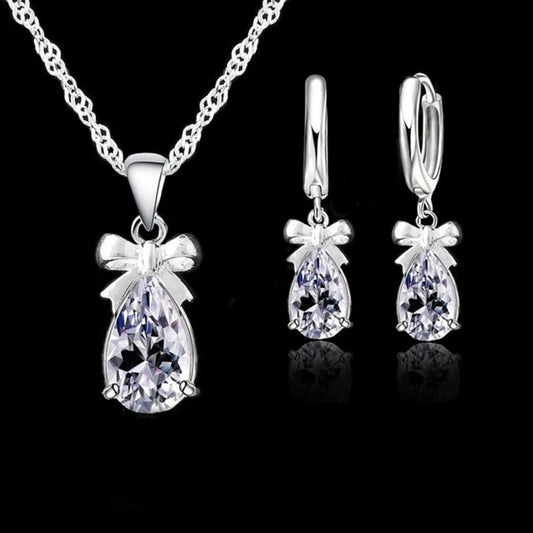 Sterling Silver With White Stone Cubic Zirconia Dangle Earring Pendant Necklace Woman Jewellery Set